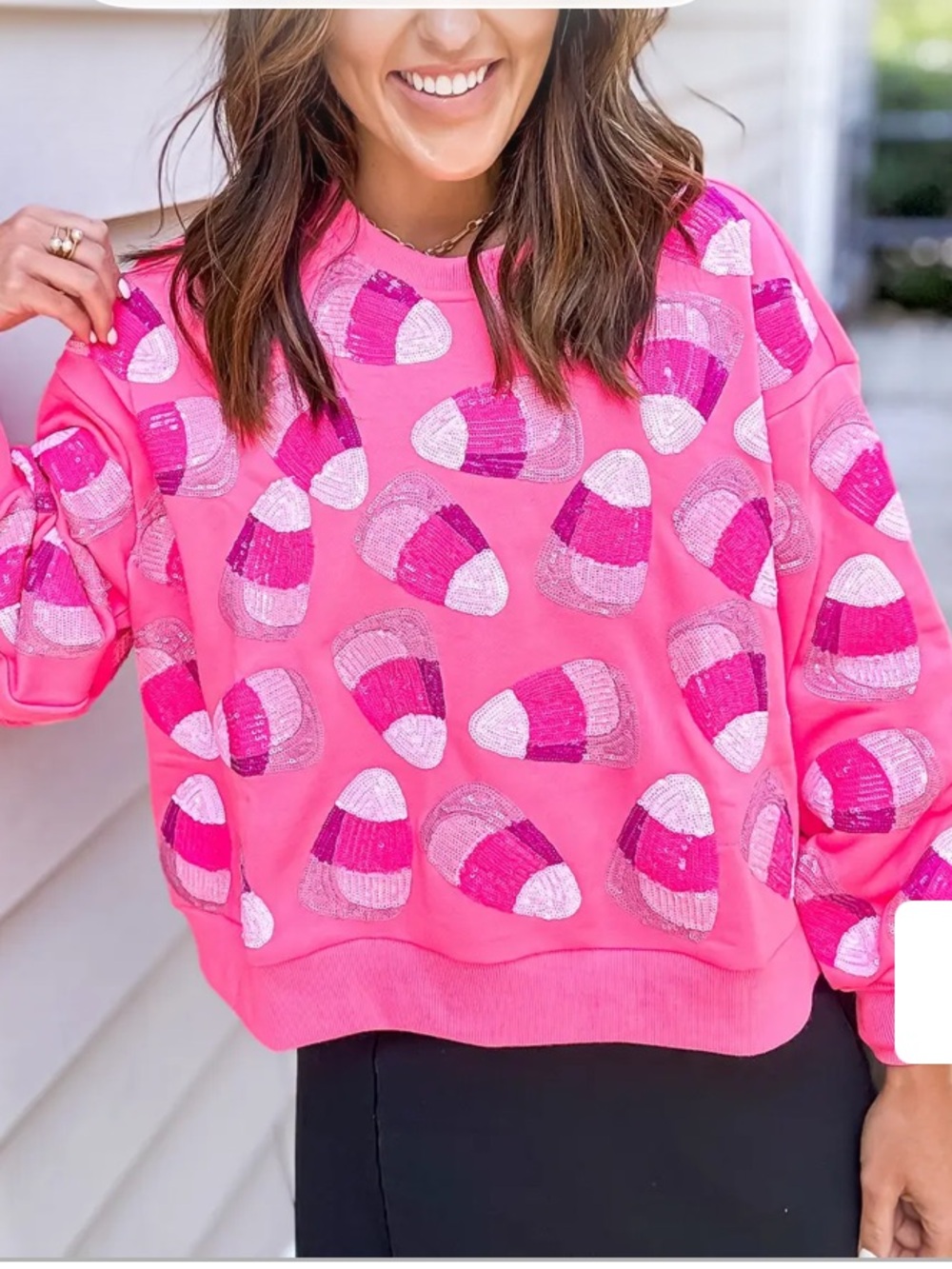 QUEEN OF SPARKLES Neon Pink Candy Corn Sequin Sweatshirt